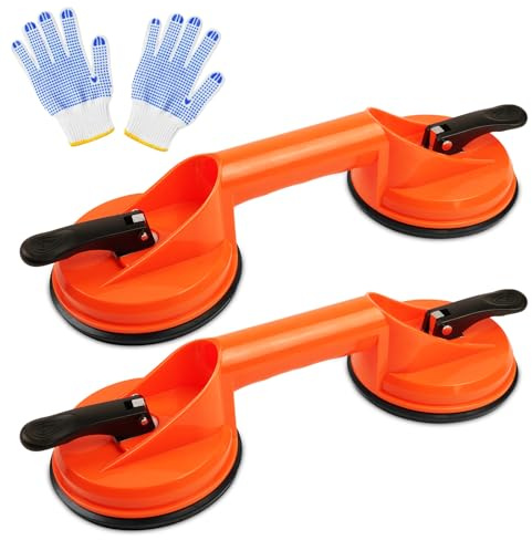 Flintronic 2 x 130kg Ventosa per Vetro Doppia, Sollevatore Doppia Ventosa, Ventosa Maniglia Vetro con 2 Ventose, per Piastrelle, Vetro, Pavimento, Scrivania, Metallo-Arancio