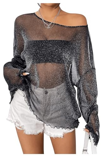 Verdusa Women's Rave Mesh See Through Sequin Long Sleeve Oversized Tee Shirt Sheer Festival Top Black Medium