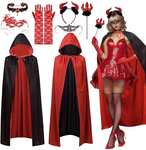 Ycaaeo Costume da vampiro da donna, con colletto, corna del diavolo, forchetta del diavolo, collana rubino, 2 maschere di pizzo, guanti di pizzo, costume da vampiro per Halloween, carnevale, cosplay