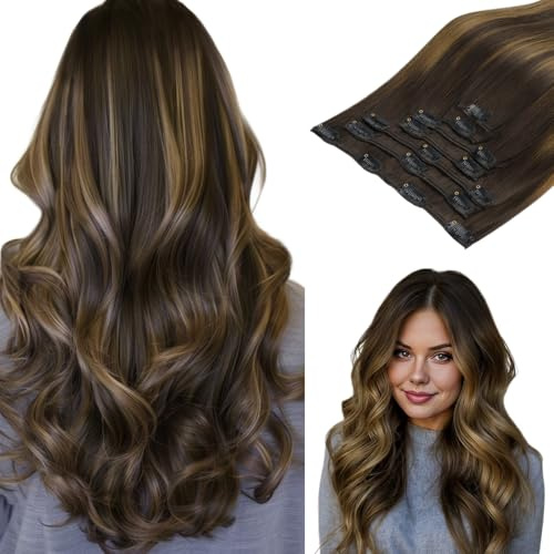 hotbanana Clip In Extensions Echthaar 30cm Haarverlängerung 80g 7 Stück | Dunkel Braun to Chestnut Braun Unsichtbar Remy Echthaar, Doppelschuss, Leicht zu Tragen, für Alltag und Styling Bereich
