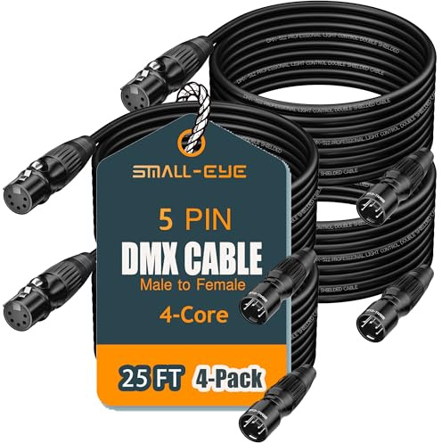 SMALL-EYE DMX Cables 25 ft 4 Pack - 5 Pin Male to Female, 4-Core Shielded DMX512 Stage Lighting Cable (25')