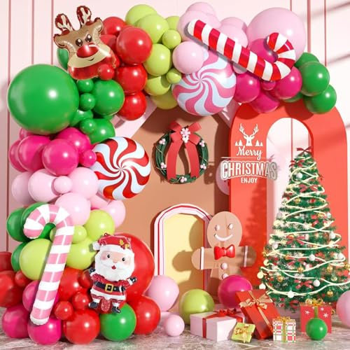 Kit Arco Palloncini Natalizi, 114pcs Ghirlanda Palloncini Natale Verde e Rossi, Palloncini Riutilizzabili per Feste Natale, Carnevale e Capodanno
