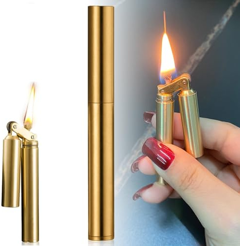 Mechero de queroseno vintage de latón, encendedor a prueba de viento, recargable de gas, llama de chorro ajustable, plegable, portátil, mini encendedor para vela, cocina, camping, regalo para hombres