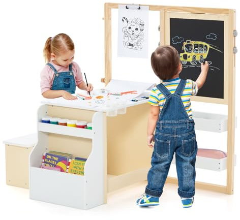 COSTWAY 6 in 1 Kinder Staffelei Set, Standtafel aus Holz mit doppelseitiger Kreidetafel & Whiteboard & Papierrolle, Kindertafel höhenverstellbar mit Bank, Ablagen für Kinder ab 3 Jahren (Weiß)