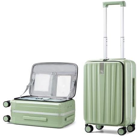 Hanke Cabin Luggage Front Opening Cabin Suitcase Carry on Hand Luggage 20 Inch Hard Shell Suitcase with Lock and 4 Dual Spinners Suitcases with Wheels,Bamboo Green