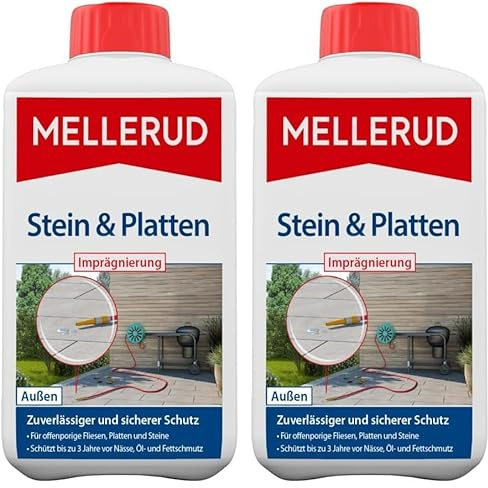 MELLERUD Stein & Platten Imprägnierung | 1 x 1 l | Langanhaltender Schutz vor Schmutz und Nässe von saugfähigen Untergründen im Innen- und Außenbereich (Packung mit 2)