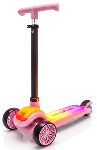 LUMI RIDE Monopattino bambino 3 anni Balance Tre Ruote LED Rosa, Pieghevole, Manubrio Regolabile, Freno a Pedale, Pedana Antiscivolo, Manubrio Removibile