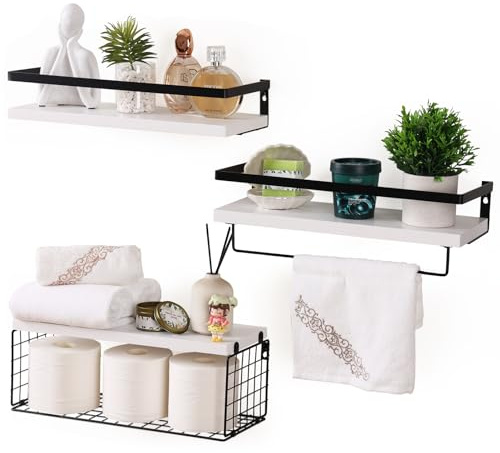 40cm Schweberegale Wandregal, Küchenregal Wand mit Handtuchhalter, Schwimmendes Regal Wand Schweberegal mit Drahtkorb, Stabiles Hängeregal für Badezimmer, Wohnzimmer, Schlafzimmer, Büro, Flur, Weiß