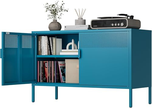 MetaCate Armario Metálico con 2 Puertas, Armario Oficina, 40x100x64cm, Azul | Aparador metálico y mueble de oficina, estantes ajustables, estructura de acero, para cocina, salón, comedor y entrada