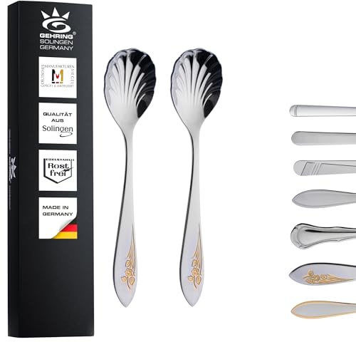 Gehring Solingen Flower Zuckerlöffel dekorvergoldet 2er Set I Muschellöffel I Edelstahl 18/10 I Kaffeelöffel I spülmaschinengeeignet I Made in Germany