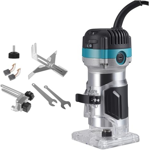 Palm Router Tool, 800W 30000RPM Woodworking Hand Router with Trimmer Base & 15Pcs 1/4(6.35mm) Router Bits Set with 6 Speed & Straight Guide for DIY Woodworking (220V)