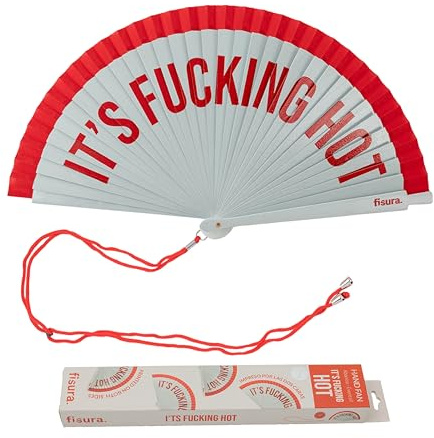 Fisura – Abanico Original con Mensaje “It’s f*cking Hot”. Abanico de Madera Reversible Moderno y Colorido. Ventilador de Mano Rojo y Blanco. Colgador Incluido. Medidas: 42,5 x 23 cm