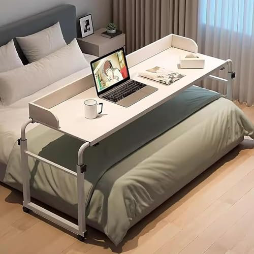 Höhenverstellbarer Betttisch mit Rollen, 115–210 cm, Laptop-Trolley, 65–95 cm, Steharbeitsplatz, Lebensmitteltablett für Doppelbett, Doppelbett, Queen-Size-Bett, Weiß