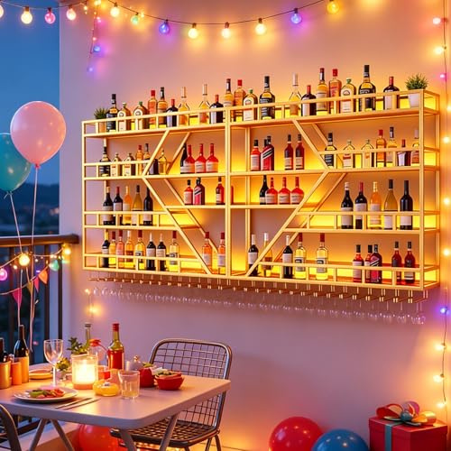 SPTZQURY Wall Mounted Wine Rack, Modern Diamond Shaped Floating Bar Wine Storage Display Shelf, 3 Tier Metal Industrial Liquor Bottles Shelves Wine Glass Holder (Gold, 4 tier,200cm)