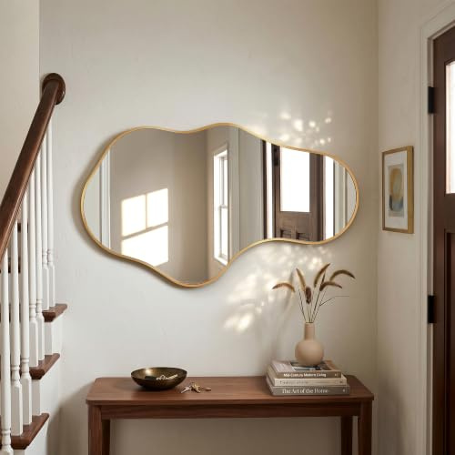 Fahomiss Unregelmäßiger Wavy Wandspiegel, Abstrakter Spiegel mit Aluminiumlegierung Rahmen in Luftfahrtqualität für Badezimmer, Schlafzimmer & Flur