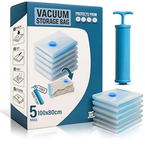Vacuum Storage Bags for Clothes & Bedding – Reusable Space Saver Bags with Hand Pump – Airtight Travel & Home Storage Solution (5 Pack Jumbo + Pump)
