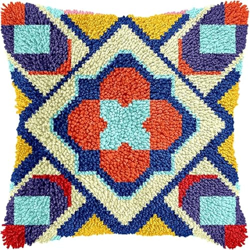 YarnAdventures Latch Hook Kit Cuscini Artigianato,Motivi di piastrelle colorate,Latch Hook Cuscino Kit,Decorazione Natalizia all'Uncinetto per Bambini,Adulti,43x43cm