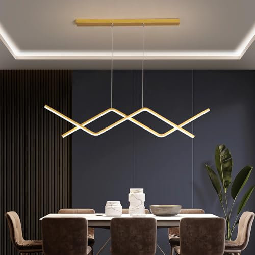 Modern Pendelleuchte LED Hängeleuchte Kochinsel Hängend Esszimmer Lampe Dimmbar mit Fernbedienung Kronleuchter für Wohnzimmer Esstisch Büro Bar Höhenverstellbar Hängelampe Lineare Leuchte (Gold)