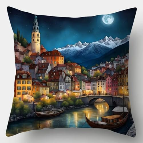 ANSIWEIGO Kit Point Noué Coussin,Canevas à Nouer 43x43 cm,Activité DIY pour Débutants, Enfants et Adultes,Décoration Maison et Cadeau Fait Main,Scène nocturne de la ville