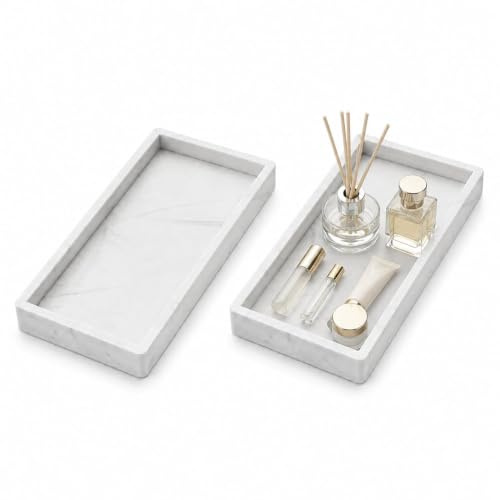 2-Pack Plateaux de Salle de Bain, Organisateurs de Parfums Effet Marbre | Silicone blanc effet marbre, facile à nettoyer; 2 plateaux 20x10x2 cm pour organiser parfums, cosmétiques et savon.