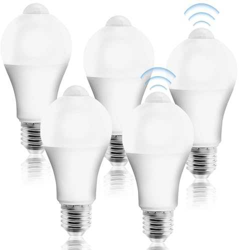 Behogan E27 LED Glühbirne mit PIR Bewegungsmelder, 5er Set 12W Warmweiß 2700K, Nicht dimmbar, 120° Abstrahlwinkel, 1100 Lumen, 80Ra, Lichtsensor, Energiesparlampe für Flur, Garage, Treppe und Balkon