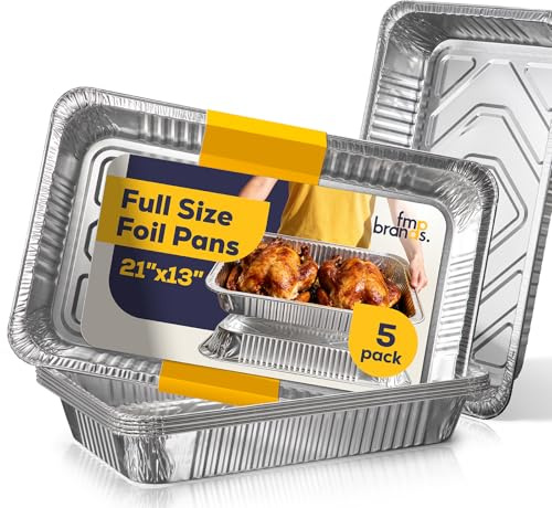 Fit Meal Prep 5 Pack Full Size Aluminum Foil Pans 21x13, Heavy Duty Large Disposable Roasting Pans for Cooking, Serving, Freezing, Baking Pan Trays for Catering, Meal Prep, and Food Storage