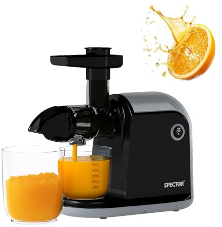 Spector Cold Press Juicer Machine, Quiet Slow Masticating Juicer with High Juice Yield for Fruits and Vegetables, Easy Clean Reverse Function, BPA-Free Tritan for Home Kitchen, Black, 2 Cups & Brush
