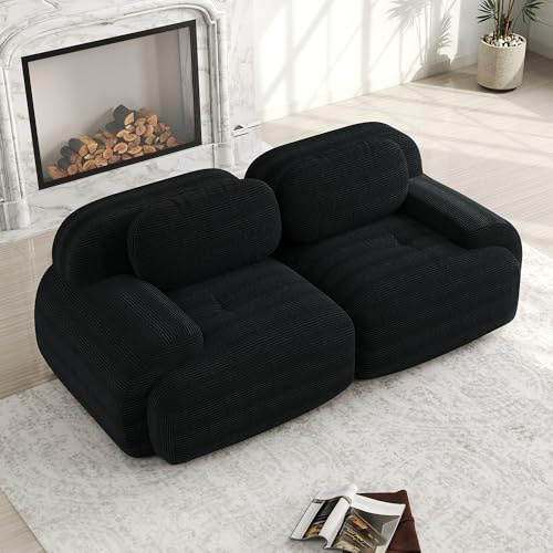 Divano Loveseat moderno da salotto in velluto jumbo, 2 posti, con braccioli curvi, senza montaggio, con fondo antiscivolo, imbottitura altamente elastica, nero