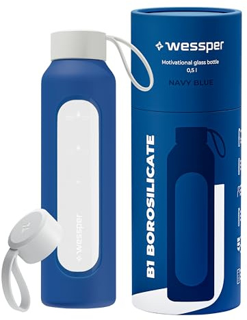 Wessper Botella Agua Cristal, 500ml, Botellas Motivadora - Azul | botella de cristal para agua, Escala de Hidratación, Botellas de Vidrio Borosilicato con Funda de Silicona, sin BPA
