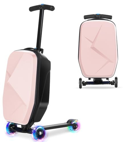 Scooter Koffer, 37L Kinderkoffer mit Roller, Kinderkoffer Handgepäck, Reisekoffer Kinder, Reisetasche Kinder mit Rollen, Hartschalenkoffer Kinderreisetasche mit LED-Leuchträder für Kinder (Rosa)