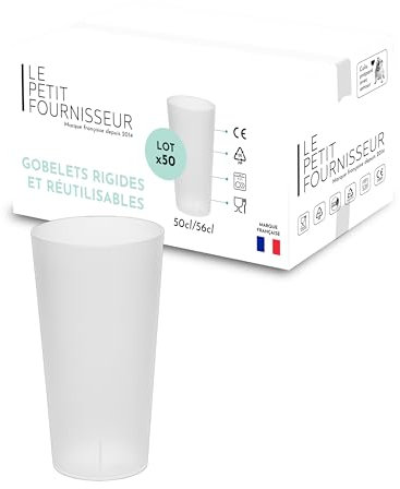 LPF LE PETIT FOURNISSEUR - Lot de 50 Gobelets réutilisables 50cl (56cl à ras-bord) - Polypropylène plastique alimentaire rigide - Gobelets à eau, bière - Compatible lave-vaisselle - Couleur Givré