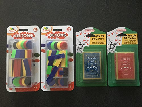 Lot de 2 jeux de 54 cartes + 200 jetons numérotés : poker, belote, piquet, manille, coinche, bataille, menteur, soufflette, big up, jeu des chevaliers, maitre du jeu, biskit, etc