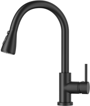 BESy Robinet Cuisine avec Douchette Rétractable, 3 Fonctions, Noir Mat | Mitigeur de Cuisine en Acier Inoxydable, Robinet Haut Rotatif à 360° pour Évier de Camping-Car ou Buanderie