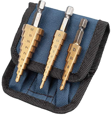 UK Drills HSS Step Drill Bits Set Titanium Coated 3pc 3-20mm for Drilling on Hard Metal, Stainless Steel, Cast Iron
