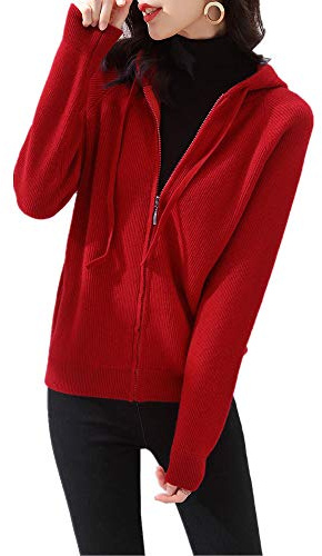 Wenwenma Sweat à Capuche en Cachemire pour Femme Sweat Tricoté (Rouge, Large)