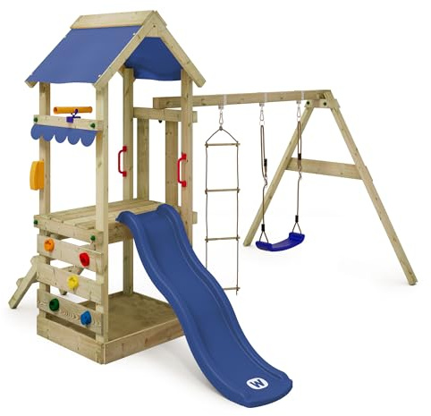 WICKEY Tour de Jeux FreshFlyer avec balançoire & Toboggan Bleu, Tour d'escalade pour Enfants avec bac à Sable, échelle & Accessoires de Jeu pour Le Jardin