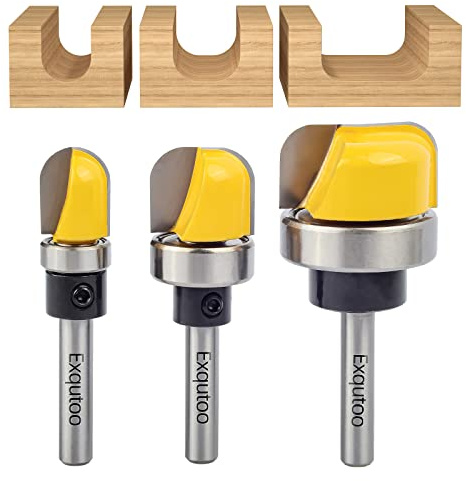 Exqutoo 3Pcs 1/4 Shank Carbide Round Nose Groove Router Bit Set Template Router planing Head Set with Ball Bearing Engraving Router planing Head Wood Cutter Woodworking Tools Carving Cutting Tool