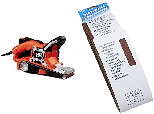 BLACK+DECKER 720 W Angled Belt Sander for Large Surfaces with Cyclonic Action Dust Canister, KA88-GB with Silverline 625574 Sanding Belts 75 x 533 mm, 120 Grit - Pack of 5