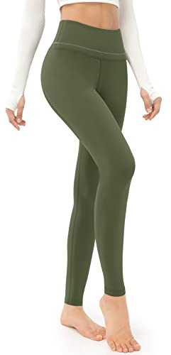 JOYSPELS Womens Thermal Fleece Lined Leggings, Warm High Waisted Gym Winter Leggings, Winter Yoga Pants for Women with Pockets UK - Army Green - L