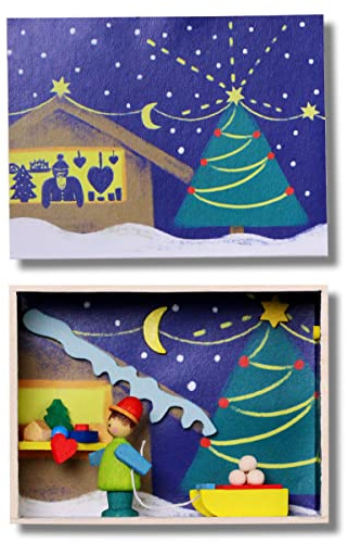 Graupner Holzminiaturen® | Traumkästchen 'Weihnachtsmarkt' | Original Erzgebirgische Holzkunst® | Kinder Weihnachtskarte aus Holz | Streichholzschachtel Miniatur Diorama | Verpackung Geldgeschenk