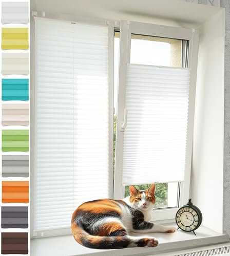 Vkele Plissee ohne Bohren Klemmfix – Faltrollo Jalousie Weiß 90x130cm(BxH), Lichtdurchlässig & Blickdicht, Sonnenschutz & Sichtschutz, Easyfix Rollo für Fenster & Tür