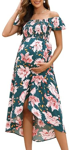 Clearlove damer sommar mammaklänning kortärmad A-linje amningsklänning casual tryck gravida klänningar graviditetsklänning, Grön, M