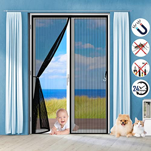 Fliegengitter Tür Magnetisch Balkontür Insektenschutz 140 x 220 cm, Magnetvorhang Ohne Bohren, Ohne Bohren Fliegengitter Tür Insektenschutz für Balkontür Wohnzimmer Terrassentür, Schwarz
