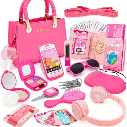 Hohosunlar Little Girl Purse with Pretend Makeup for Toddler, 49PCS Kids Play Handbag Set - Fake Make Up Bag Wallet Toy Phone Key Credit Cards Birthday for Girl Age 3 4 5 6 7 8 Year Old