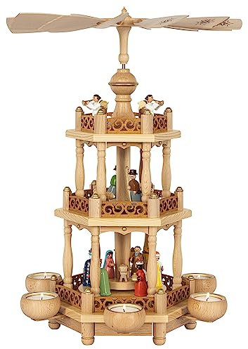 Richard Glaesser Pyramid of Christ with Colourful Figures, 2 Tier for Seiffen Tea Lights in the Ore Mountains