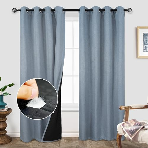 DriftAway Blackout Soundproof Thermal Insulated Linen Textured Curtains with Quilted Thermal Lining for Cold and Heat Blocking Noise Reducing Daytime Sleep 1 PC 52 Inches by 84 Inches Dusty Blue
