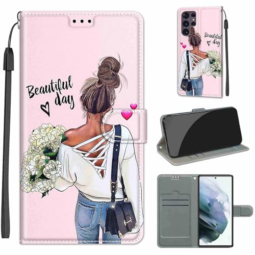 Handyhülle für Samsung Galaxy S22 Ultra, Mädchen | Premium Leder Flip, Klappbar, Stoßfest, Magnetisch, Standfunktion, Kartenfächer, Wallet Handyhülle