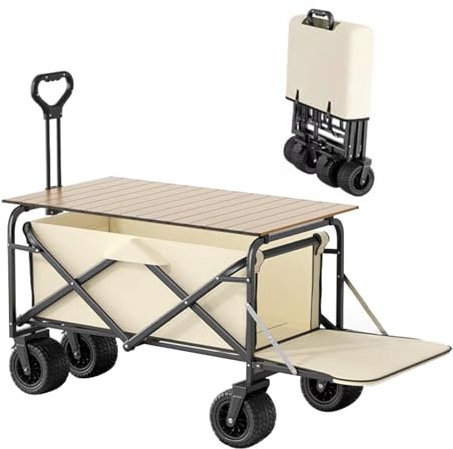 NRNQMTFZ Bollerwagen Camping Wagon,Faltbar Strandwagen Rollbarer Gartenwagen Outdoor Campingwagen,Sports-Beach Wagon,für Strand, Outdoor, Camping, Garten, jedes Gelände(with Table Board)