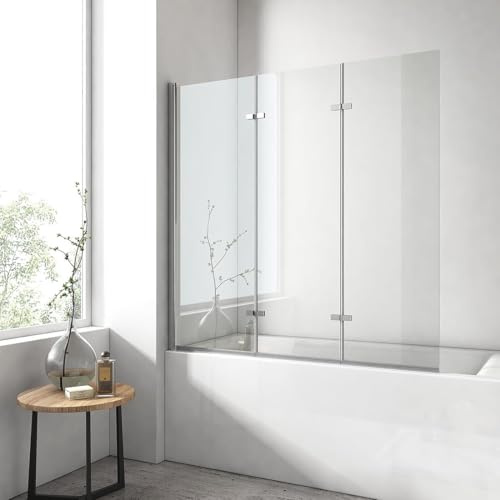 EMKE Mampara bañera plegable 120 x 140 cm, 3 paneles plegable, mamparas de bañera de cristal de seguridad de 6 mm, giro de 180°, estilo industrial,Revestimiento nano fácil de limpiar（Sin marco）