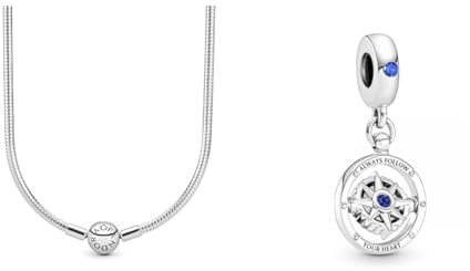 Pandora Damen Schlangen- Gliederhalskette Sterling- Silber 590742HV-45, 45 cm & Charm Anhänger Kompass Silber, Kristall blau 790099C01